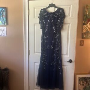 Adrianna Papell Navy Beaded Maxi Gown with Sheer Overlay Worn Once